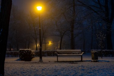 A view of an empty bench covered in snow. Winter night scene.
