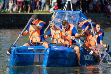 Timisoara, Romania - September 11, 2021: Boats made from recycled materials racing for the first prize