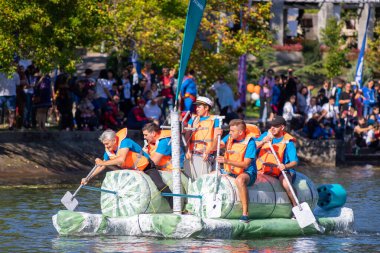 Timisoara, Romania - September 11, 2021: Boats made from recycled materials racing for the first prize
