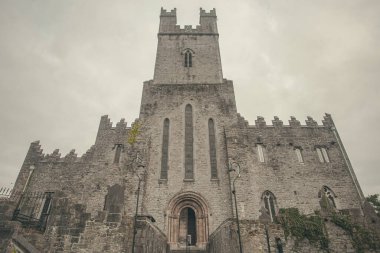 İrlanda 'nın Limerick şehrindeki Gotik Aziz Mary Katedrali' nin batı girişi. Hava bulutlu. Açık hava çekimi