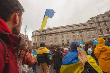 Dublin, Co. Dublin, Ireland - February 24th 2023 - Ukrainians and supporters rally. The first anniversary of Russia's invasion of Ukraine. O'Connell street near GPO