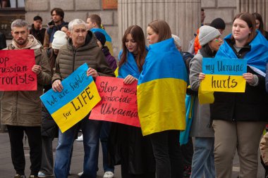 Dublin, Co. Dublin, Ireland - February 24th 2023 - Ukrainians and supporters rally. The first anniversary of Russia's invasion of Ukraine. O'Connell street near GPO