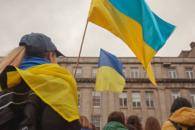 Dublin, Co. Dublin, Ireland - February 24th 2023 - Ukrainians and supporters rally. The first anniversary of Russia's invasion of Ukraine. O'Connell street near GPO