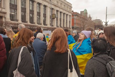 Dublin, Co. Dublin, Ireland - February 24th 2023 - Ukrainians and supporters rally. The first anniversary of Russia's invasion of Ukraine. O'Connell street near GPO