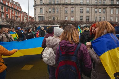 Dublin, Co. Dublin, Ireland - February 24th 2023 - Ukrainians and supporters rally. The first anniversary of Russia's invasion of Ukraine. O'Connell street near GPO. Text space