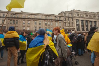 Dublin, Co. Dublin, Ireland - February 24th 2023 - Ukrainians and supporters rally. The first anniversary of Russia's invasion of Ukraine. O'Connell street near GPO
