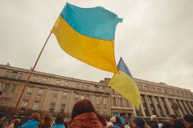 Dublin, Co. Dublin, Ireland - February 24th 2023 - Ukrainians and supporters rally. The first anniversary of Russia's invasion of Ukraine. O'Connell street near GPO