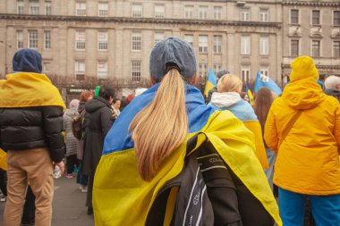 Dublin, Co. Dublin, Ireland - February 24th 2023 - Ukrainians and supporters rally. The first anniversary of Russia's invasion of Ukraine. O'Connell street near GPO