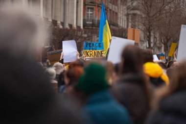 Dublin, Co. Dublin, Ireland - February 24th 2023 - Ukrainians and supporters rally. The first anniversary of Russia's invasion of Ukraine. O'Connell street near GPO