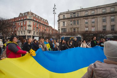 Dublin, Co. Dublin, Ireland - February 24th 2023 - Ukrainians and supporters rally. The first anniversary of Russia's invasion of Ukraine. O'Connell street near GPO. Text space