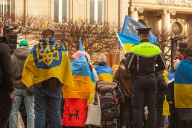 Dublin, Co. Dublin, Ireland - February 24th 2023 - Ukrainians and supporters rally. The first anniversary of Russia's invasion of Ukraine. O'Connell street near GPO