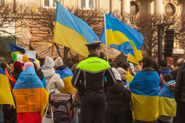 Dublin, Co. Dublin, Ireland - February 24th 2023 - Ukrainians and supporters rally. The first anniversary of Russia's invasion of Ukraine. O'Connell street near GPO