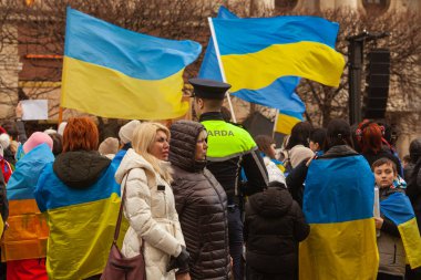 Dublin, Co. Dublin, Ireland - February 24th 2023 - Ukrainians and supporters rally. The first anniversary of Russia's invasion of Ukraine. O'Connell street near GPO