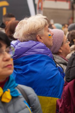 Dublin, Co. Dublin, Ireland - February 24th 2023 - Ukrainians and supporters rally. The first anniversary of Russia's invasion of Ukraine. O'Connell street near GPO