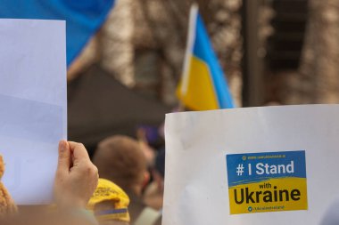 Dublin, Co. Dublin, Ireland - February 24th 2023 - Ukrainians and supporters rally. The first anniversary of Russia's invasion of Ukraine. O'Connell street near GPO