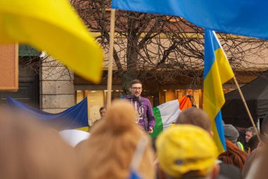 Dublin, Co. Dublin, Ireland - February 24th 2023 - Ukrainians and supporters rally. The first anniversary of Russia's invasion of Ukraine. O'Connell street near GPO