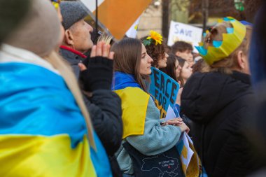Dublin, Co. Dublin, Ireland - February 24th 2023 - Ukrainians and supporters rally. The first anniversary of Russia's invasion of Ukraine. O'Connell street near GPO