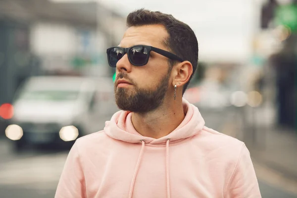 City Lover Concept Close Portrait Fashionable Young Man Beard Wearing — Stock Photo, Image