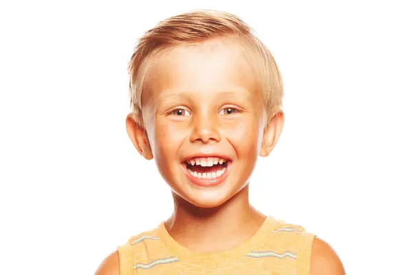 Happy Childhood Concept Close Pretty Little Boy Blond Hair Laughing — Stock Photo, Image