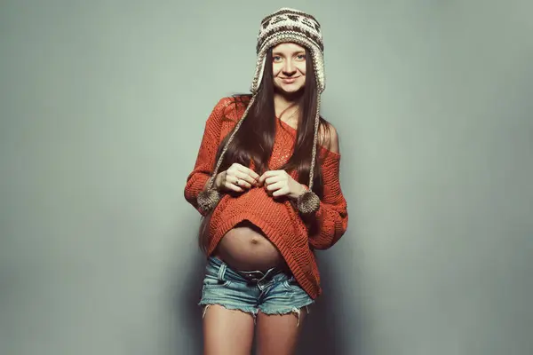 Stylish Pregnancy Concept Portrait Happy Hipster Mommy Hands Stomach Posing — Stock Photo, Image