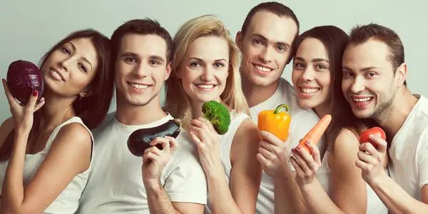 Happy Vegans Concept Group Portrait Healthy Boys Girls White Shirts — Stock Photo, Image
