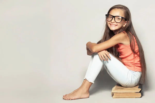 Back School Concept Portrait Happy Funny Girl Itting Bookss Light — Stock Photo, Image