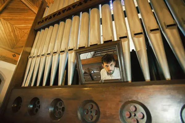 Artistic Portrait Young Handsome Man Playing Old Organ Irish Church — Stock Photo, Image