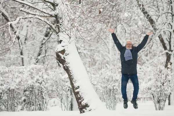 Kış Kıyafetleri Içinde Mutlu Olgun Bir Adam Portresi Kar Parkında Stok Resim