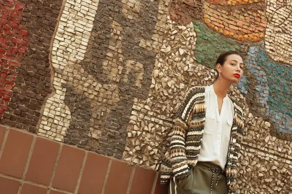 Soyut Mozaikle Duvarın Üzerinde Poz Veren Modaya Uygun Giyinmiş Genç Stok Fotoğraf