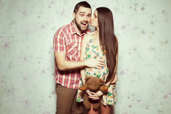 Stylish Pregnancy Concept Portrait Couple Hipsters Husband Wife Trendy Clothes — Zdjęcie stockowe