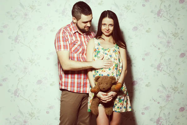 Stylish Pregnancy Concept Portrait Couple Hipsters Husband Wife Trendy Clothes - Stok İmaj