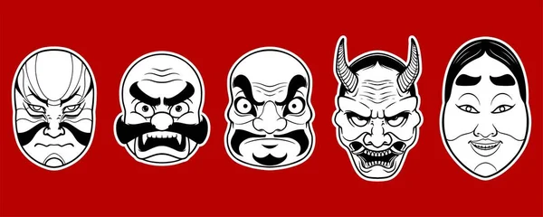 Pět Děsivé Japonské Bílé Tradiční Masky Prvky Červeném Pozadí — Stockový vektor