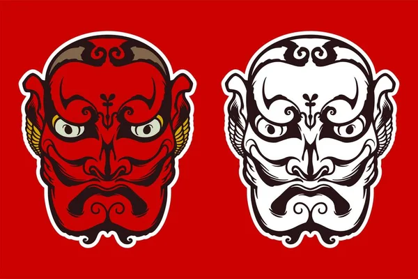 Máscara Tradicional Japonesa Blanca Roja Dibujada Mano Sobre Fondo Rojo — Vector de stock