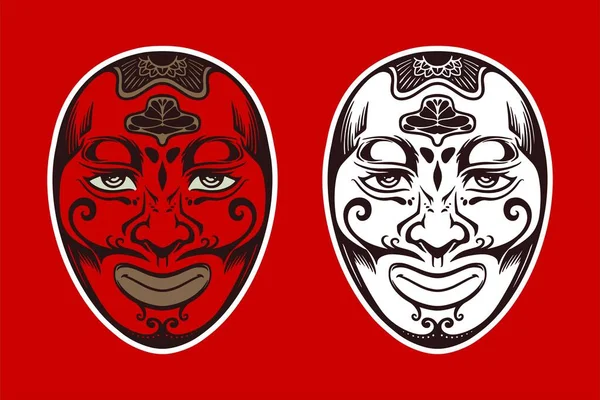 Masque Traditionnel Japonais Blanc Dessiné Main Sur Fond Rouge — Image vectorielle