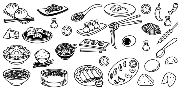 Gambar Tangan Makanan Cina Diatur Terisolasi Pada Latar Belakang Putih - Stok Vektor