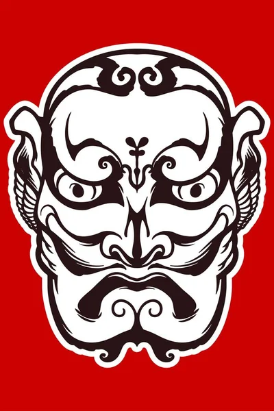 Máscara Tradicional Japonesa Blanca Dibujada Mano Aislada Sobre Fondo Rojo — Vector de stock