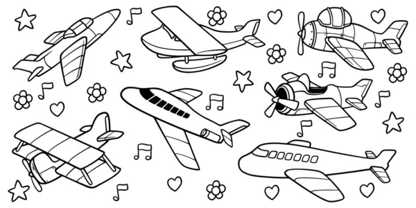 白い背景に孤立した子供用飛行機のおもちゃの手描きセット — ストックベクタ