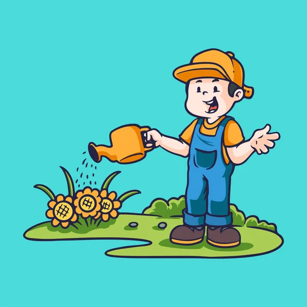 Handgetekende Kinderen Cartoon Activiteiten Van Mens Waterplanten — Stockvector
