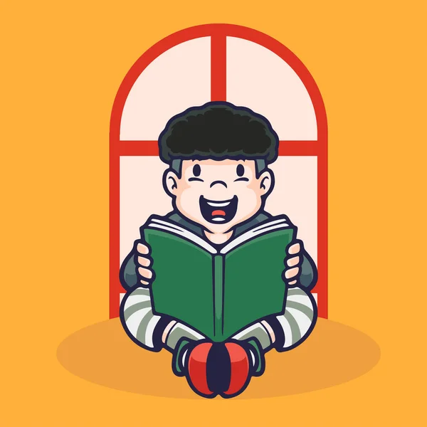 Ручной Рисунок Детей Мультфильм Деятельности Мальчик Чтение Книги — стоковый вектор