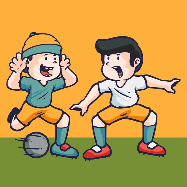 两个男孩子踢足球的手绘儿童卡通画 — 图库矢量图片