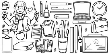 Öğretmen ekipmanlarının el çizimi beyaz arkaplanda izole edildi.