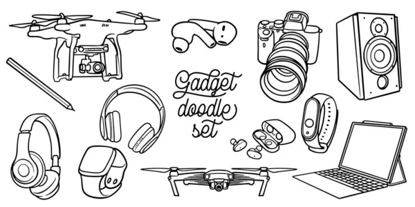 Dessin Main Gadgets Numériques Doodle Ensemble Isolé Sur Fond Blanc — Image vectorielle