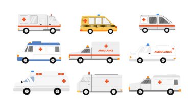 set of nine ambulances element isolated on white background.