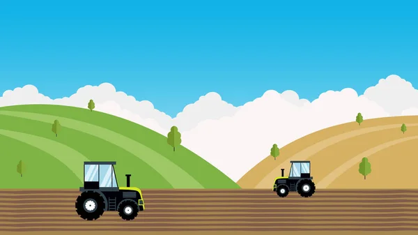 拖拉机在农村土地上犁地 — 图库矢量图片