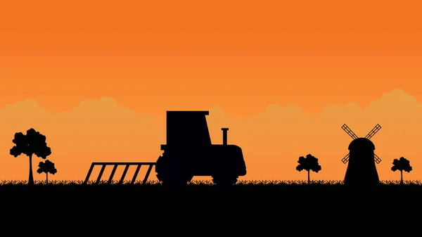Tractor Plowing Field Rural Village Landscape — Stock vektor