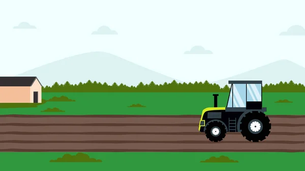Tractor Plowing Field Rural Landscape — Stock vektor
