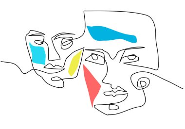 Hand drawing one line two surreal face isolated on white background.