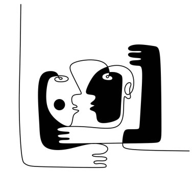 Hand drawing one line surreal primordial face isolated on white background.