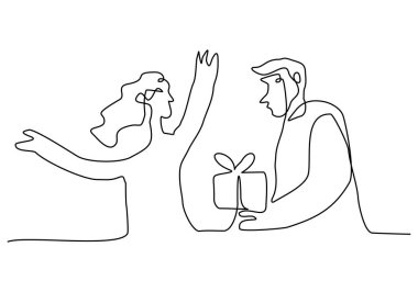 Hand drawn one line of season of giving man give gift isolated on white background.