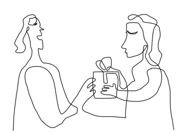 Hand drawn one line of season of giving girl give gift isolated on white background.